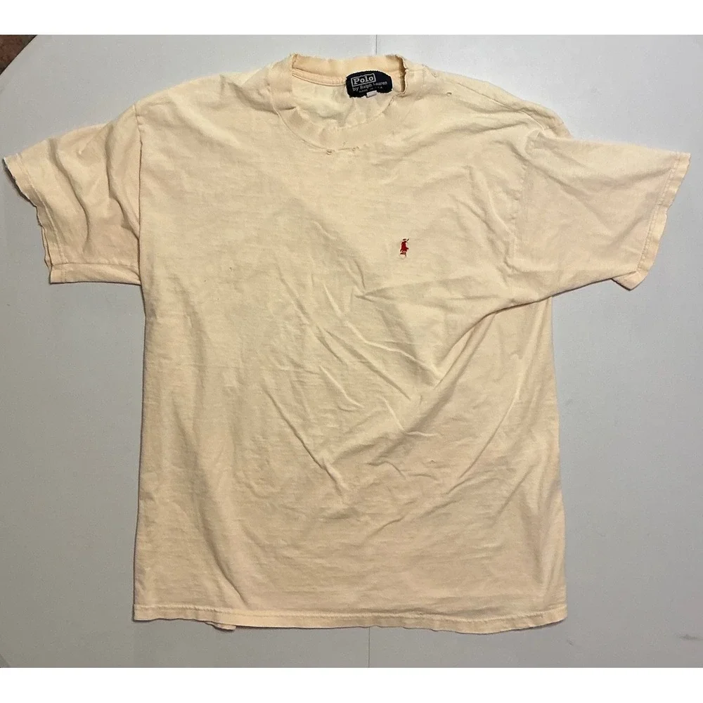 VTG USA Made Y2K Polo‎ Ralph Lauren  Cream Thrashed Distressed Cotton T Shirt XL